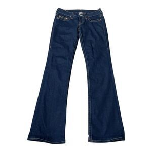 True Religion Womens Tori Dark Wash Orange Yellow Stitch Bootcut Jeans Size 28